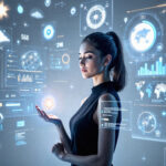 Futuristic businesswoman using AI-driven data analytics with holographic dashboards and digital charts in a virtual environment