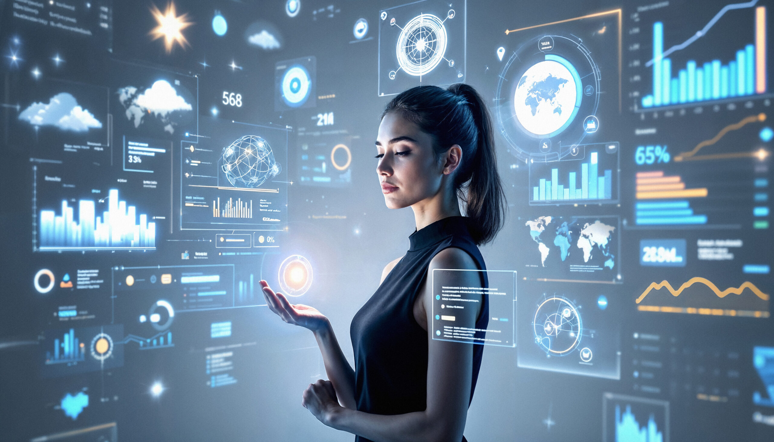 Futuristic businesswoman using AI-driven data analytics with holographic dashboards and digital charts in a virtual environment
